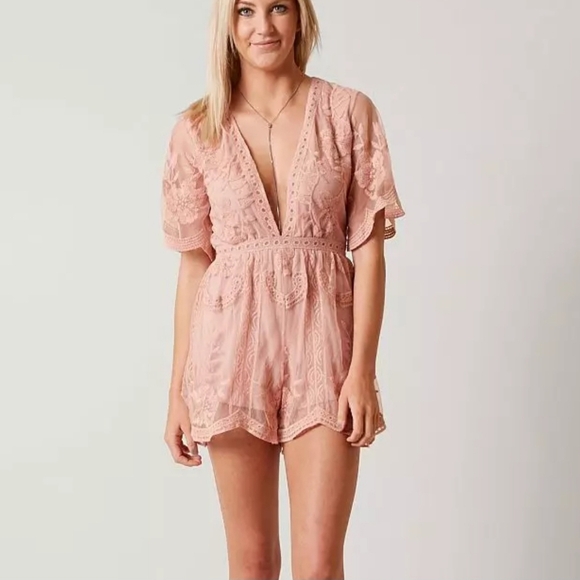 Embroidered Lace Overlay Plunge V Neck Romper Shorts Pink Womens Size Small - Picture 1 of 13